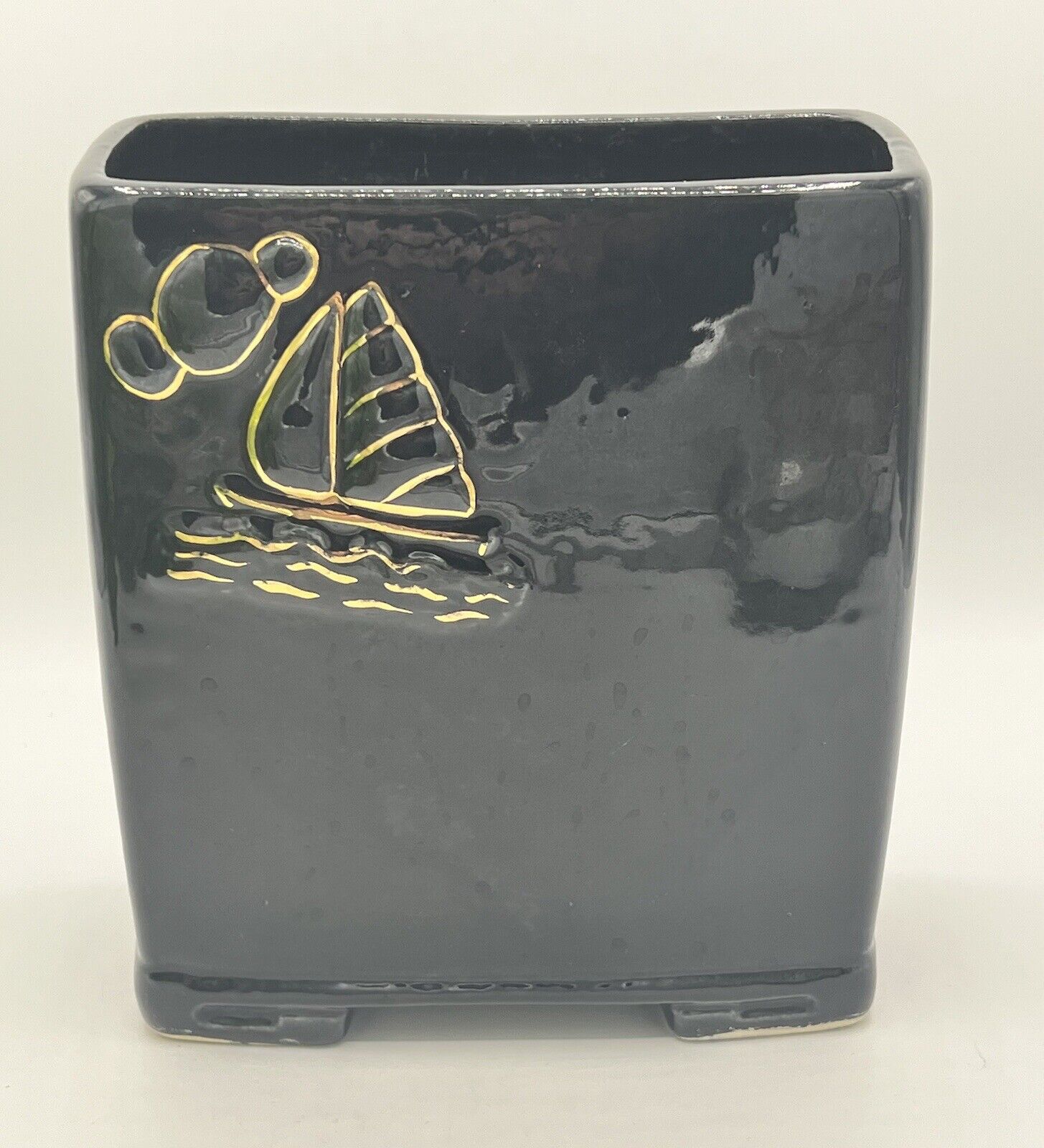 Vintage Vase / Planter Black Gloss & Sailboat Out Lined In Gold 7.5” Tall