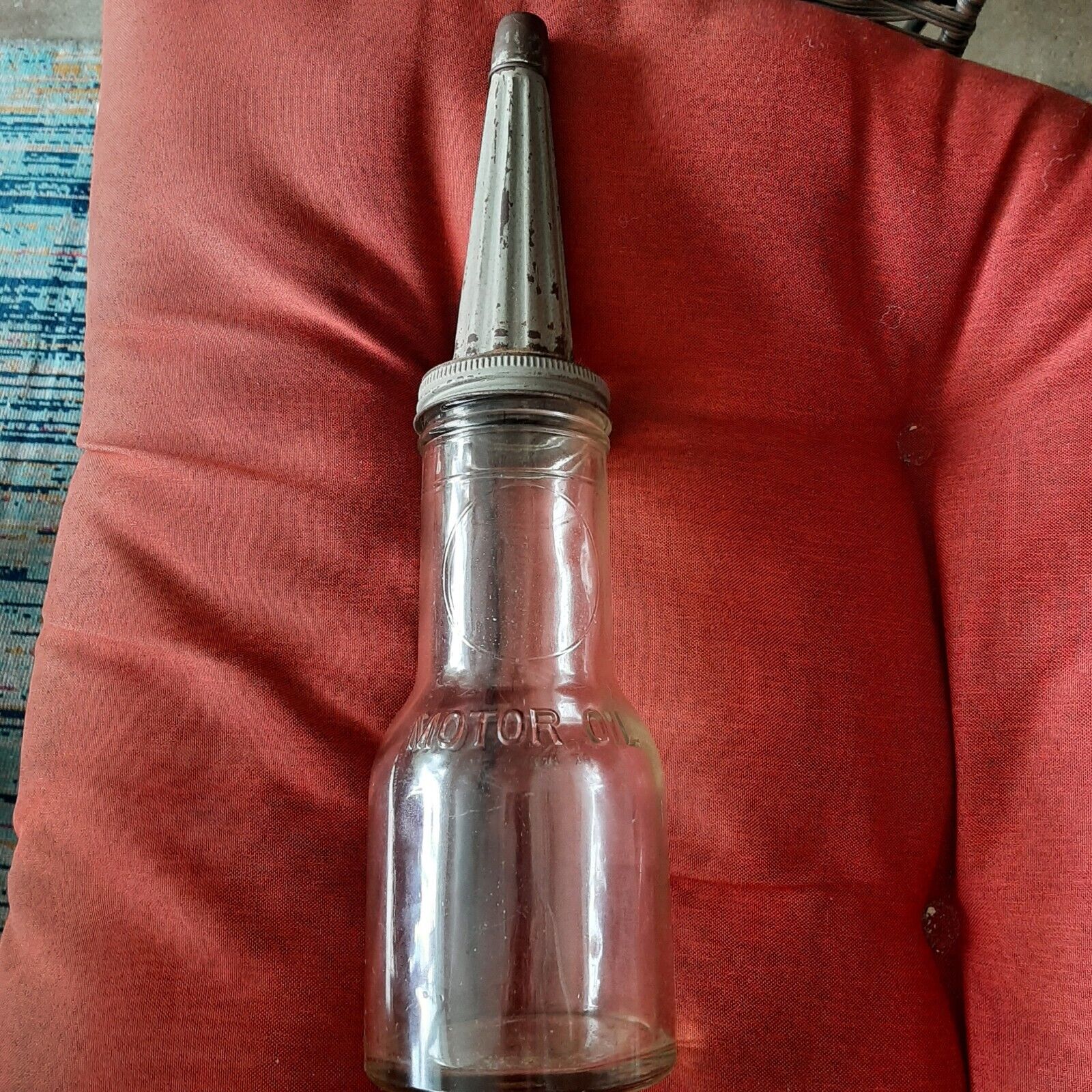 Antique Motor Oil Glass Bottle Unique Fluted Top Hazel Atlas