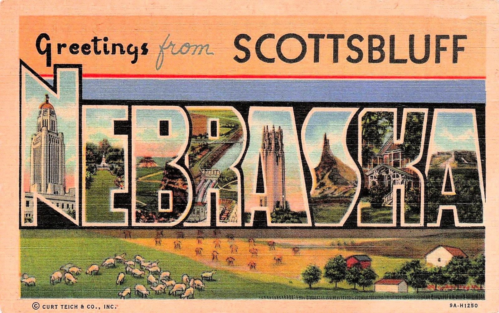 Scottsbluff NE Nebraska Large Letter Landmarks Curt Teich Linen Vtg Postcard 11A