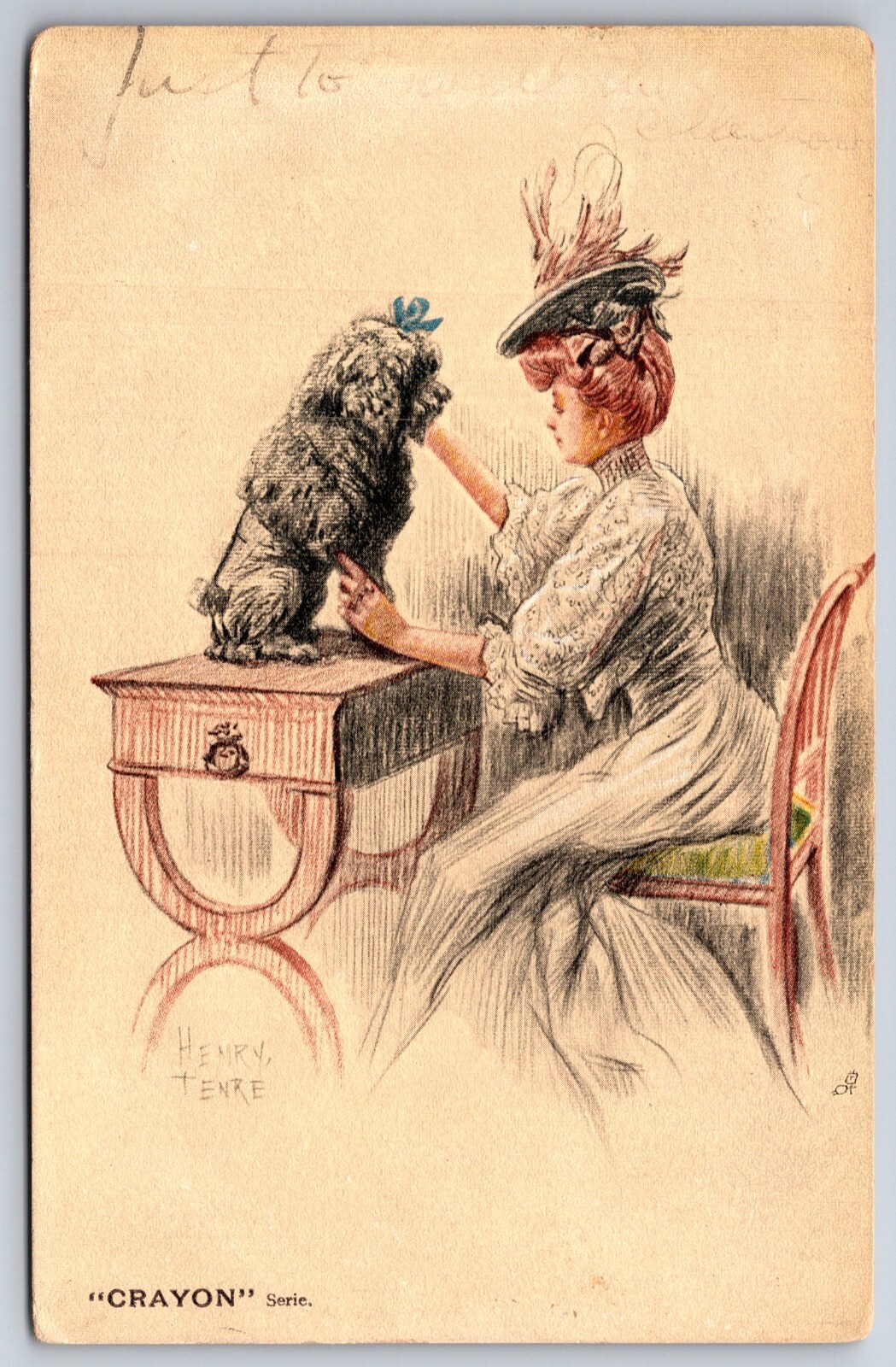 Artist Henry Tenre~Lady In Chair Plays w/Poodle On Table~Crayon Series~TUCK~1907