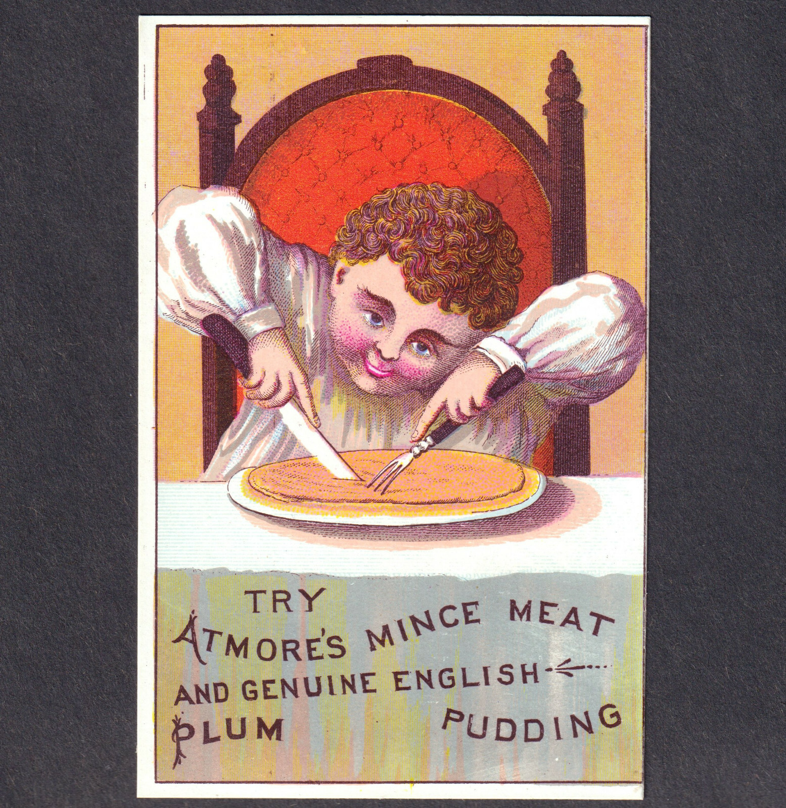 Atmores Mince Meat 1800's Ad Eager Pie Boy Plum Victorian Advertising Trade Card