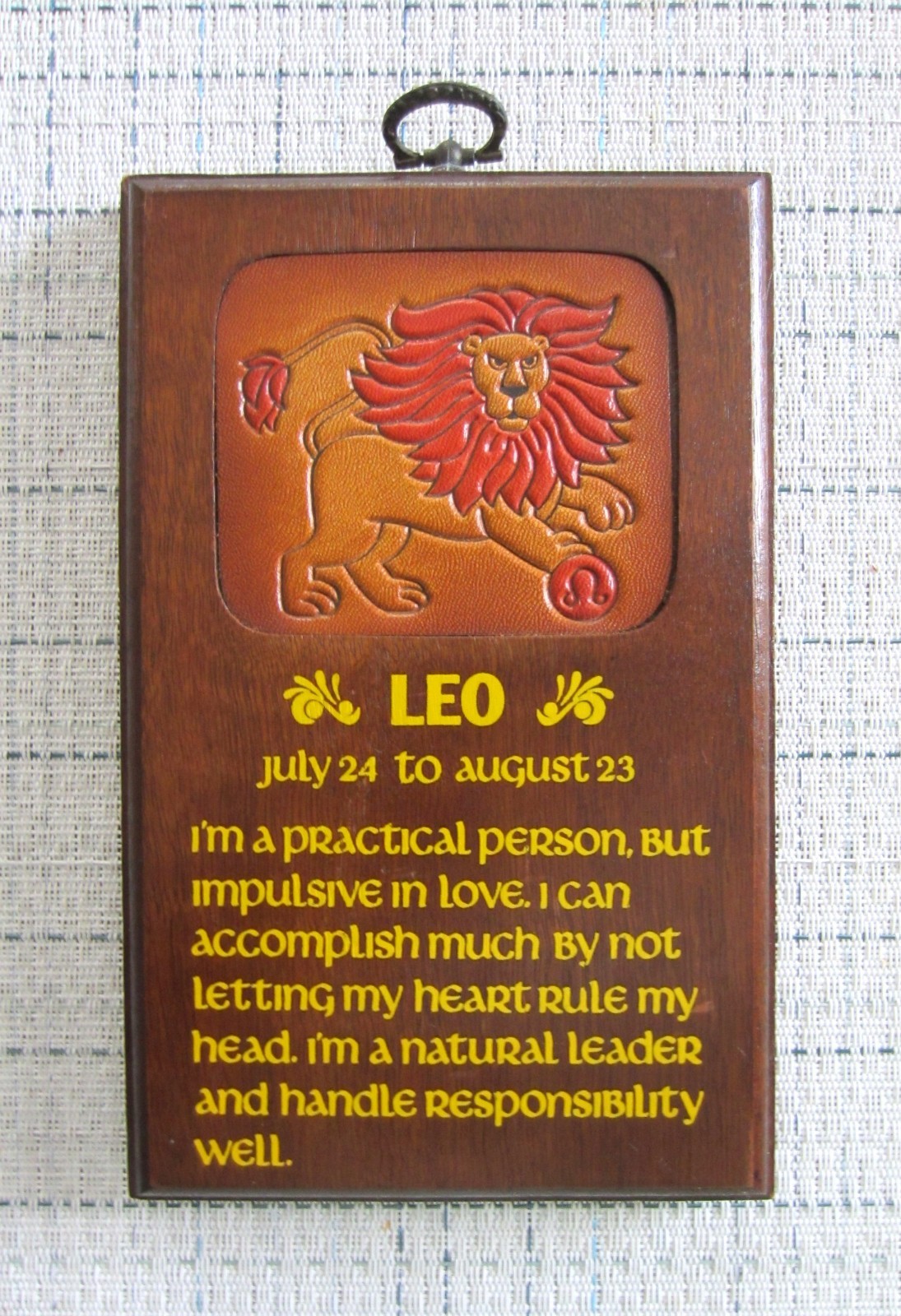 Vintage 1978 Wallace Berrie Leo the Lion Zodiac Wall Art Plaque Wood & Leather