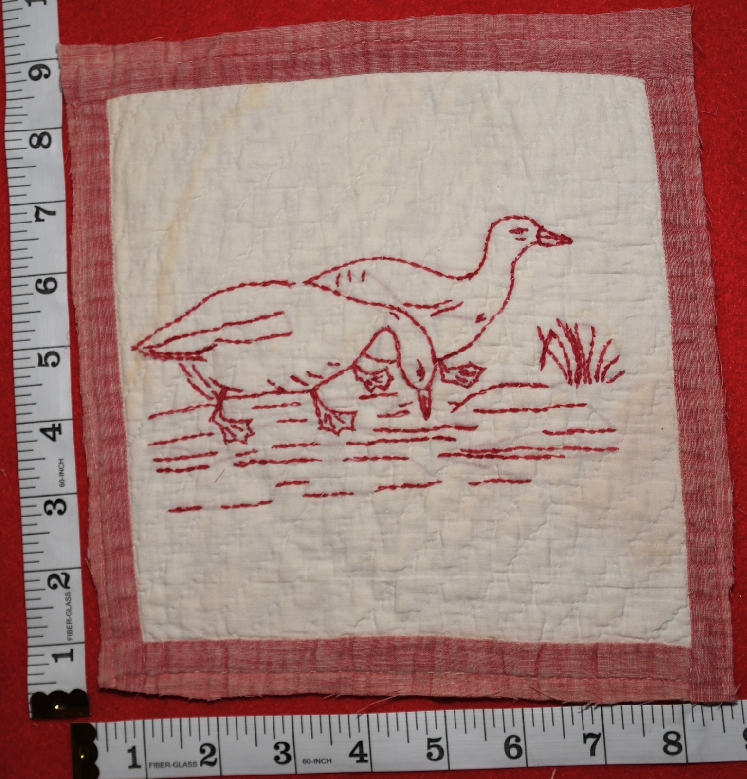 Vintage/Antique Cutter Quilt Piece Block Embroidered Redwork Ducks Fowl