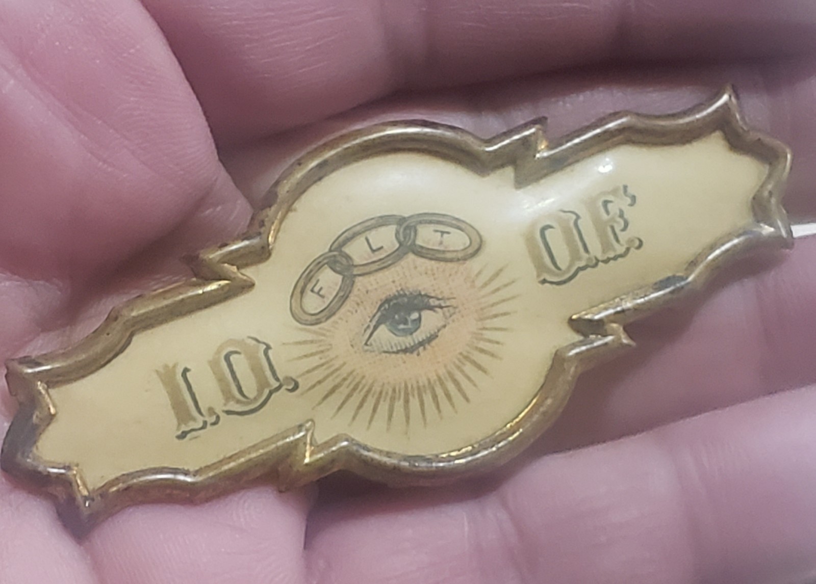 Antique Odd Fellows IOOF FLT All Seeing Eye Bar Pin Patent Dated 1893