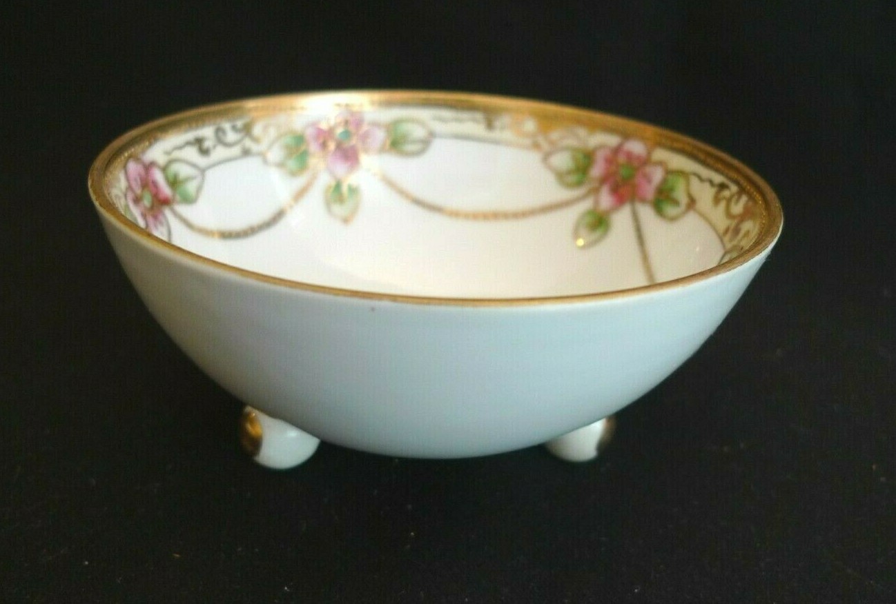 VINTAGE HANDPAINTED NIPPON FOOTED PORCELAIN BOWL JAPAN PINK GREEN FLOWERS GOLD
