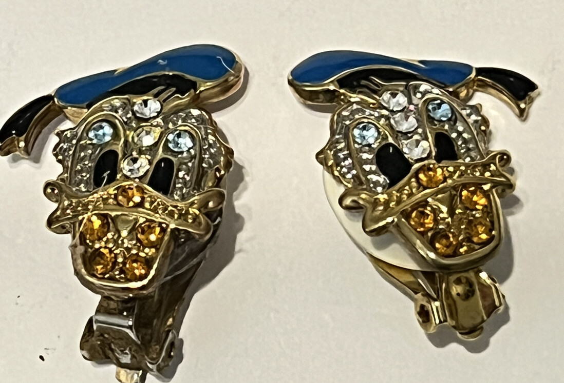 Vtg Disney Donald Duck Face Head Rhinestone Enamel Clip On Earrings