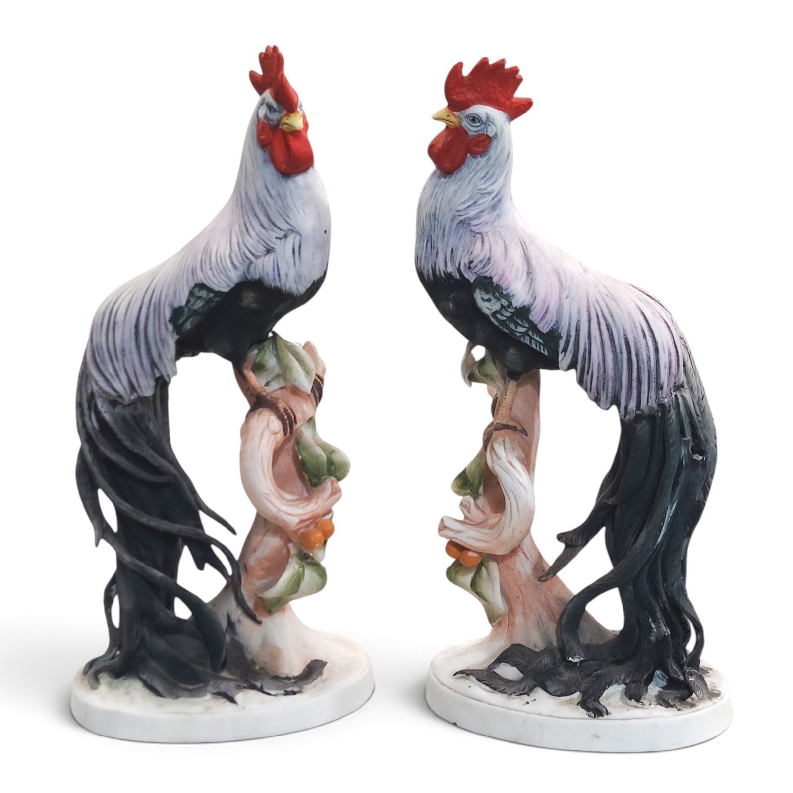 Lefton China Long Tail Rooster Figurines Vtg Made In Japan Set Of 2 Hand-Painted