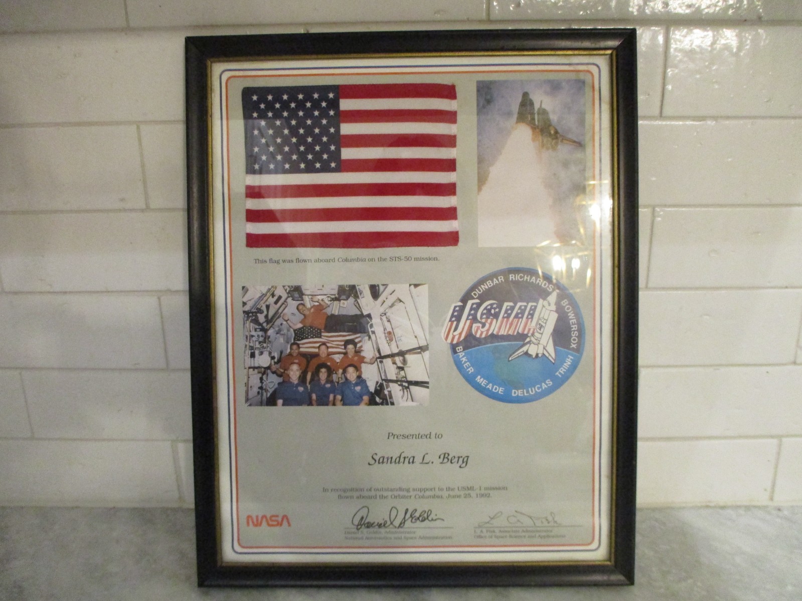 NASA SPACE SHUTTLE COLUMBIA STS-50 USML-1 FLOWN FLAG CERTIFICATE