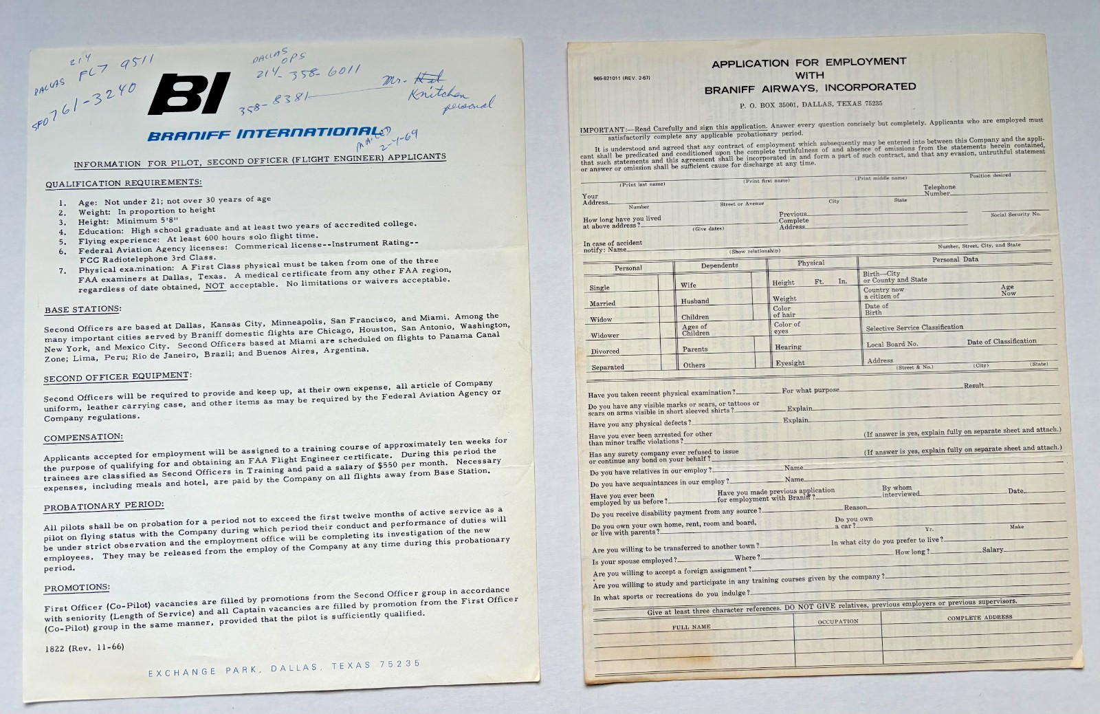 Vintage 1969 Braniff Airways Pilot Application & Qualifications Lot Set Ephemera