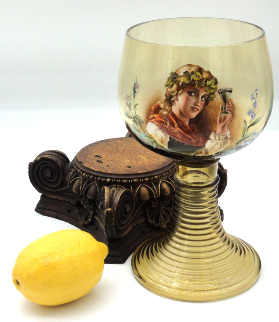 Antique Fritz Heckert Jugendstil Enameled Maiden Roemer Art Glass Chalice 10