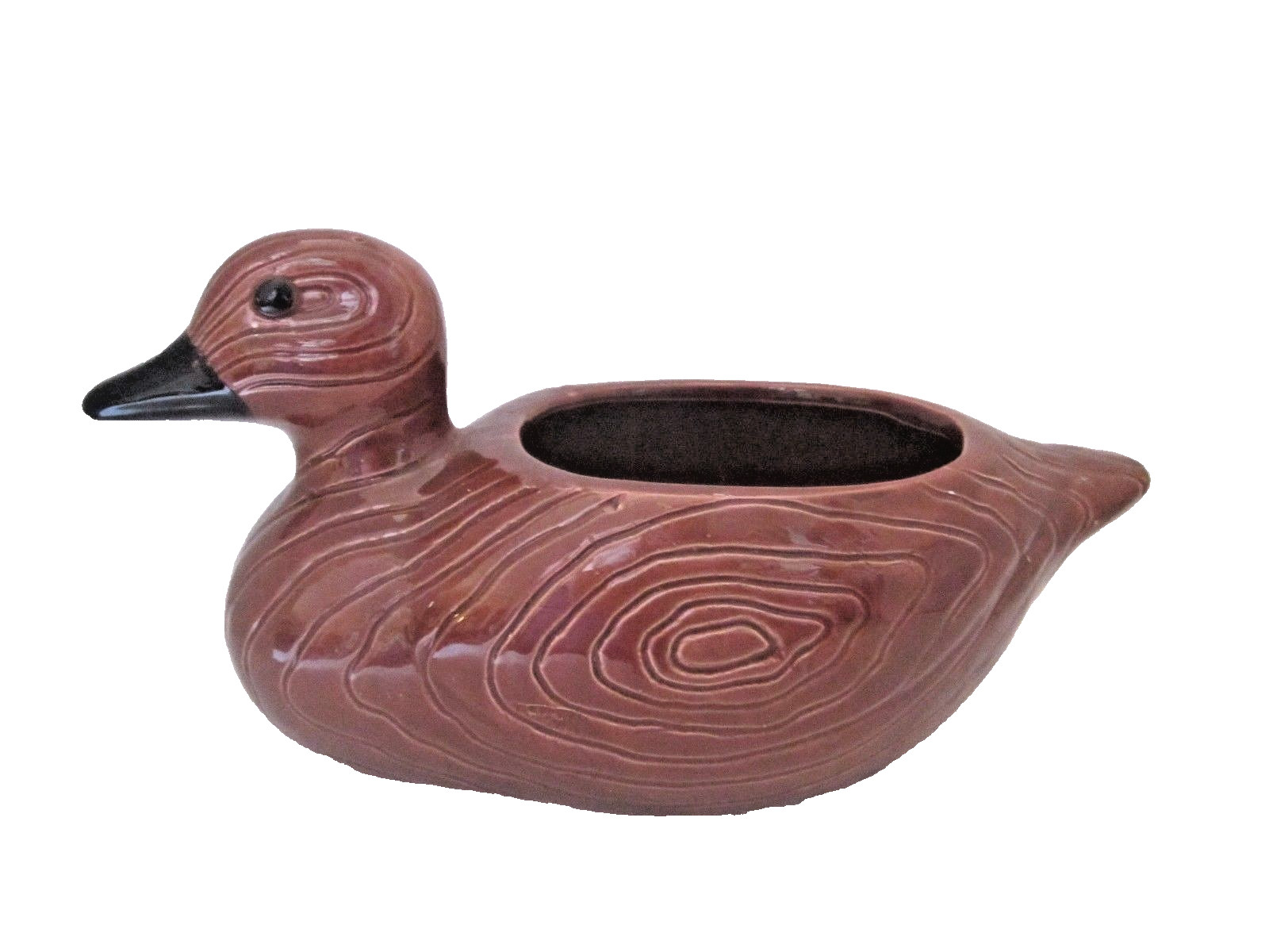 Decoy Duck Planter Vintage Pottery Ceramic Brown Faux Wood circa 1970. Man Cave