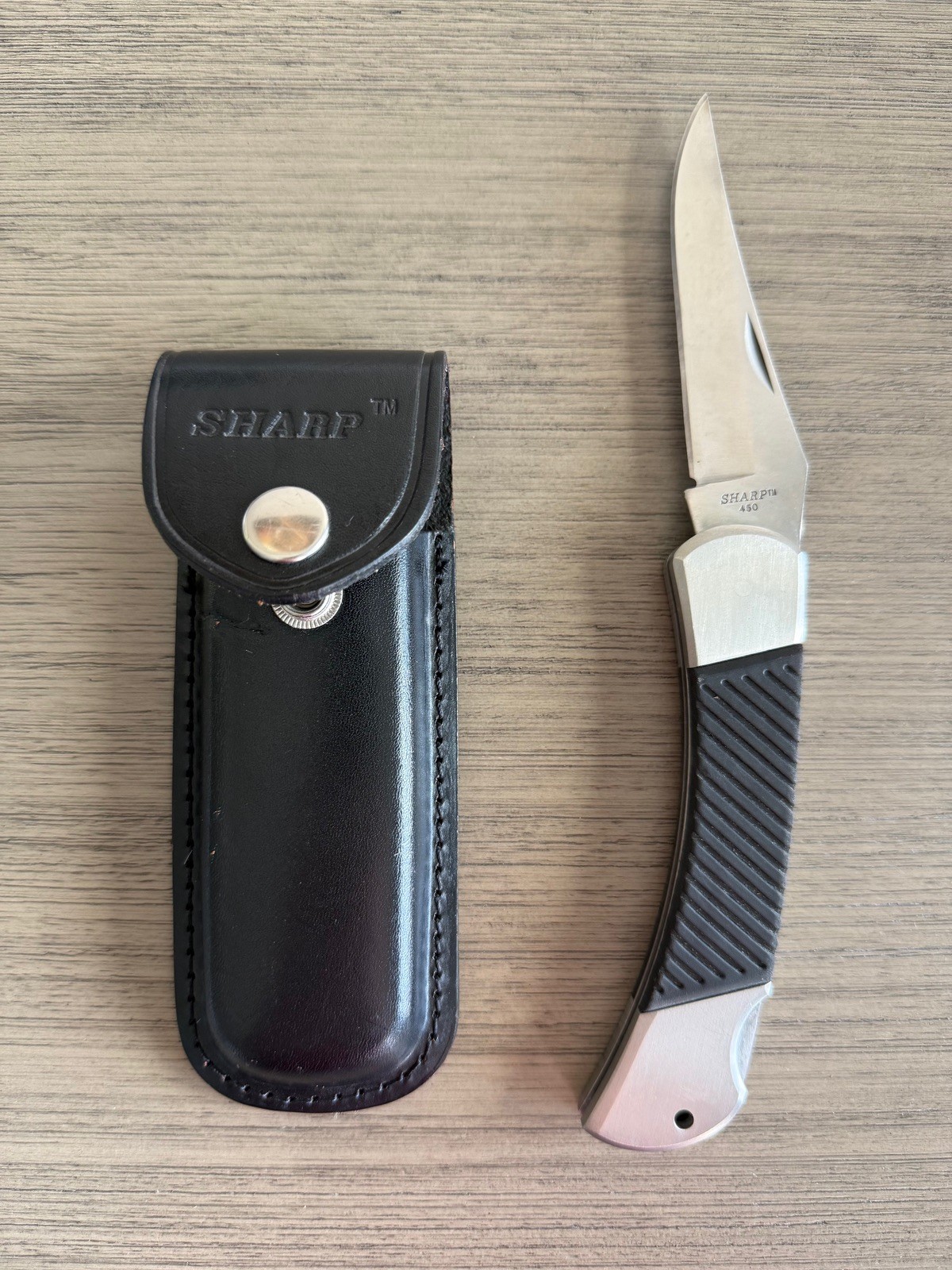 Vintage SHARP MODEL 450 Folding Knife Lockback W/Black Sheath Never Used