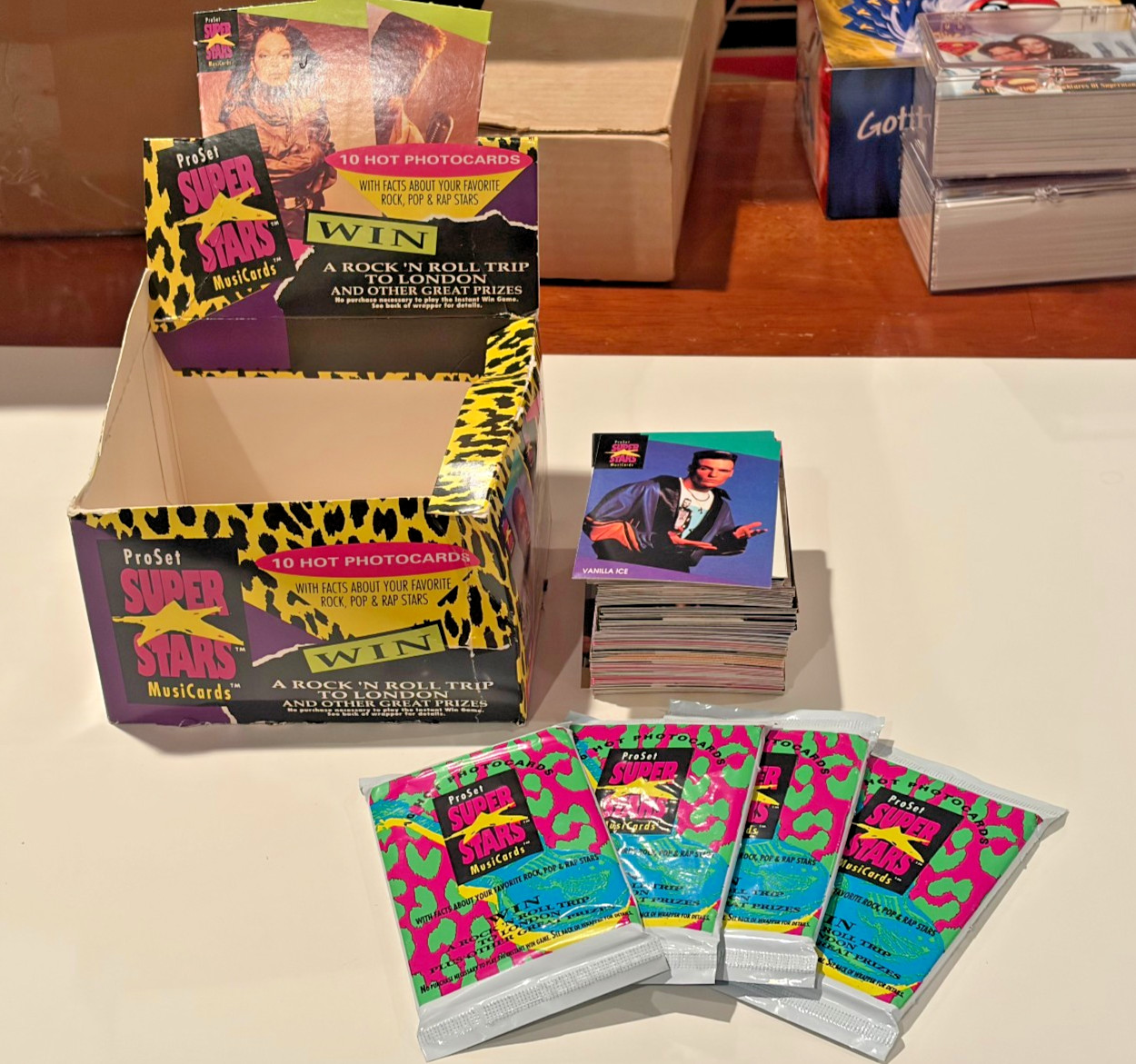 1991-92 Pro Set Super Stars Musicards LOT - Empty Box, 133 cards, 4 SEALED PACKS