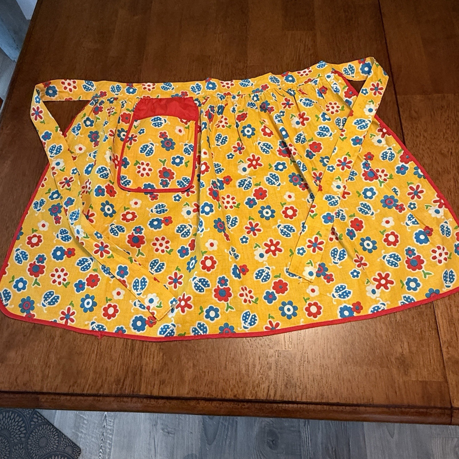Vintage 1960-1970's Orange Red Blue Green Half Hostess Apron  Flowers Lady Bugs