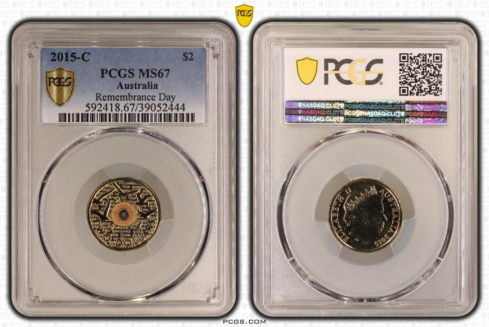 2015 Remembrance Day $2 'C' Mintmark Orange Coloured  Coin PCGS MS67 Graded