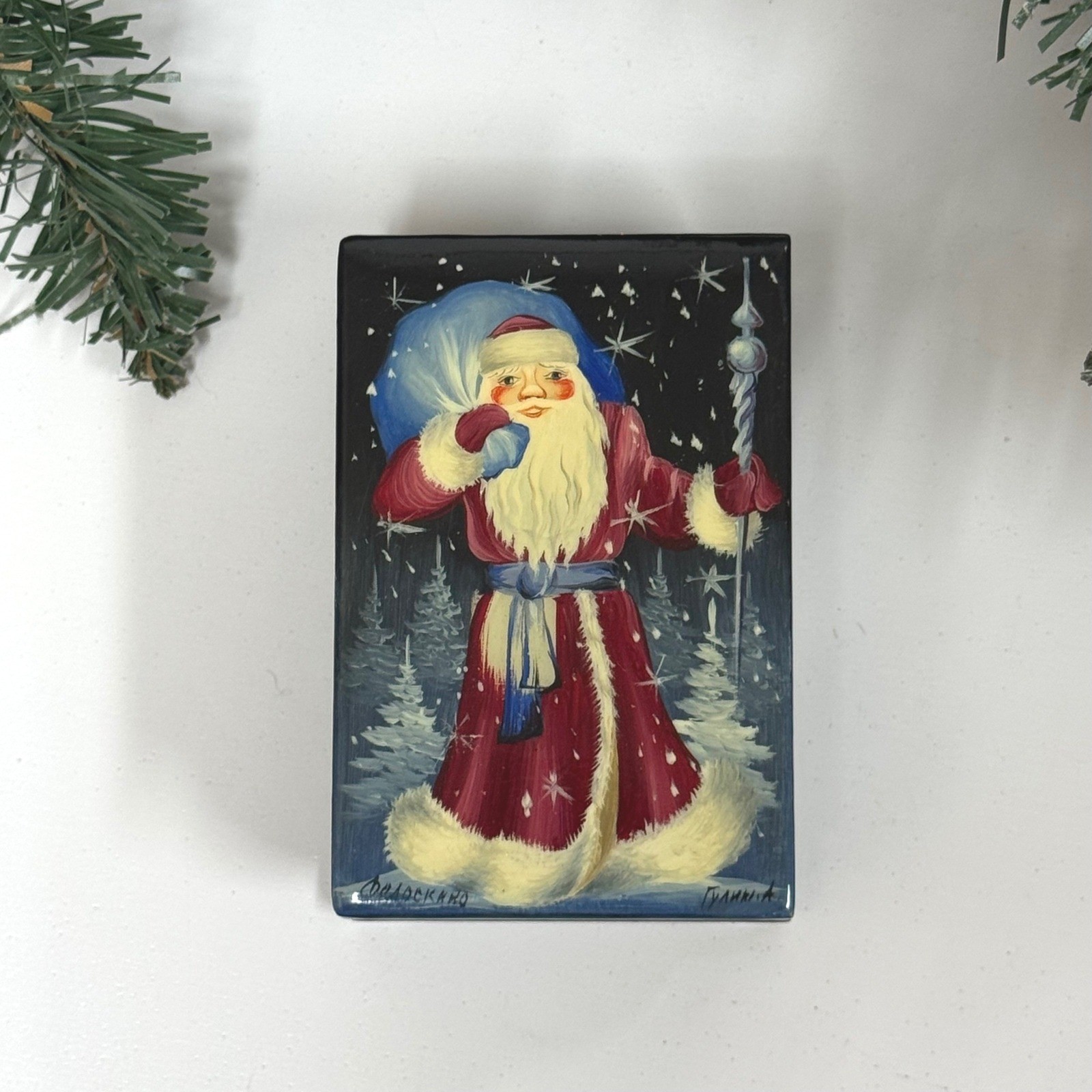 Vintage Russian Fedoskino Lacquer Box Hand Painted Grandfather Frost Ded Moroz