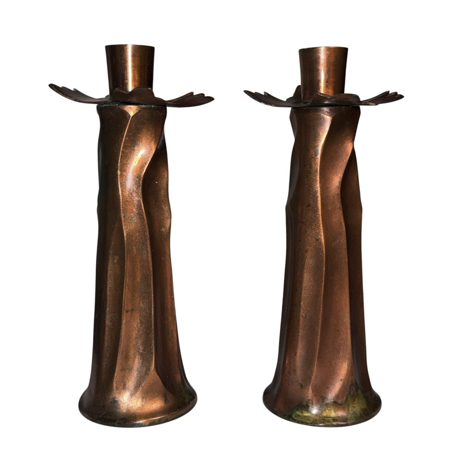 Vintage Brutalist Bronze Candlesticks Pair Mid Century Modern Sculptural Artisan