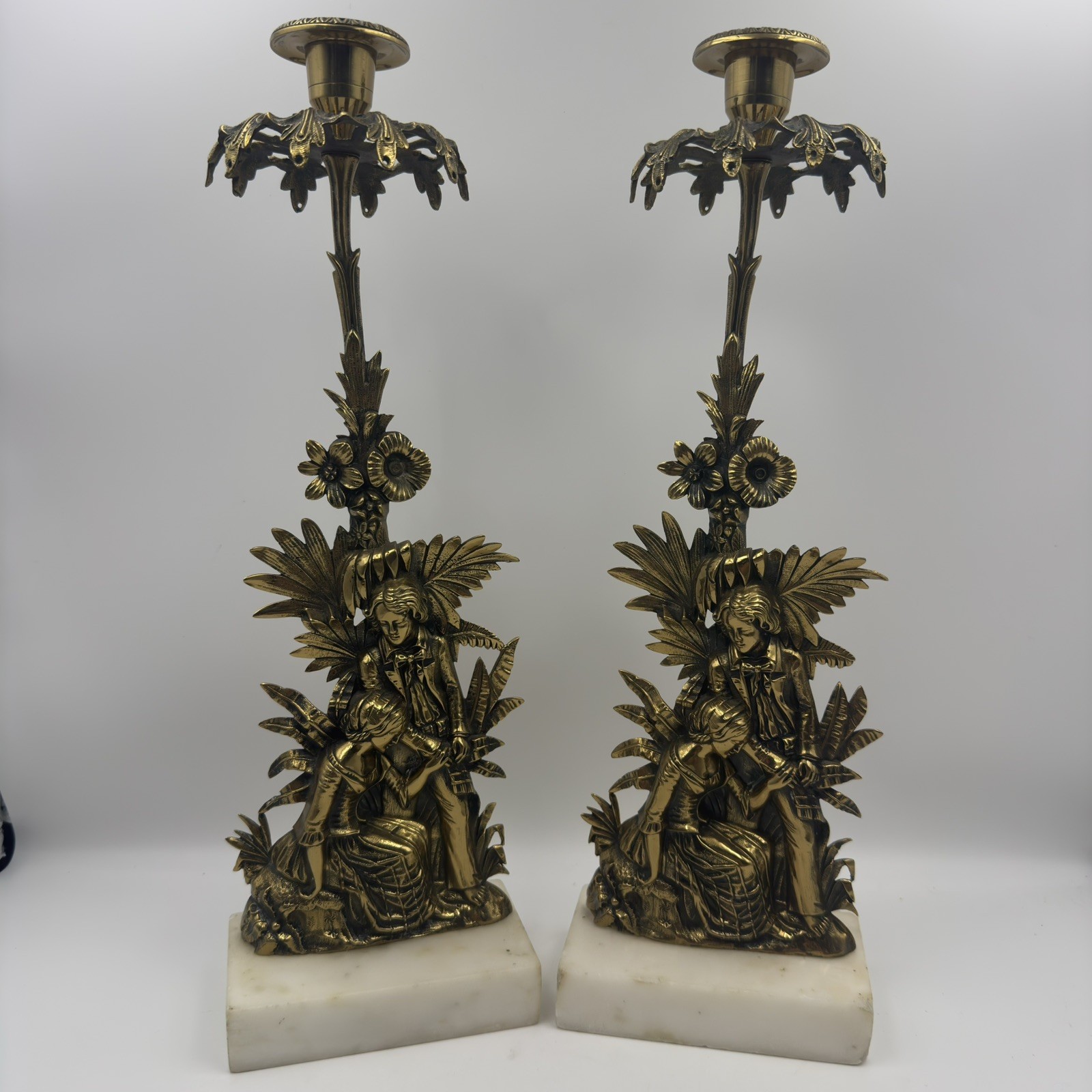 Pair Antique Gilt Bronze Figural Candlesticks Marble Base Romantic Couple 19th C