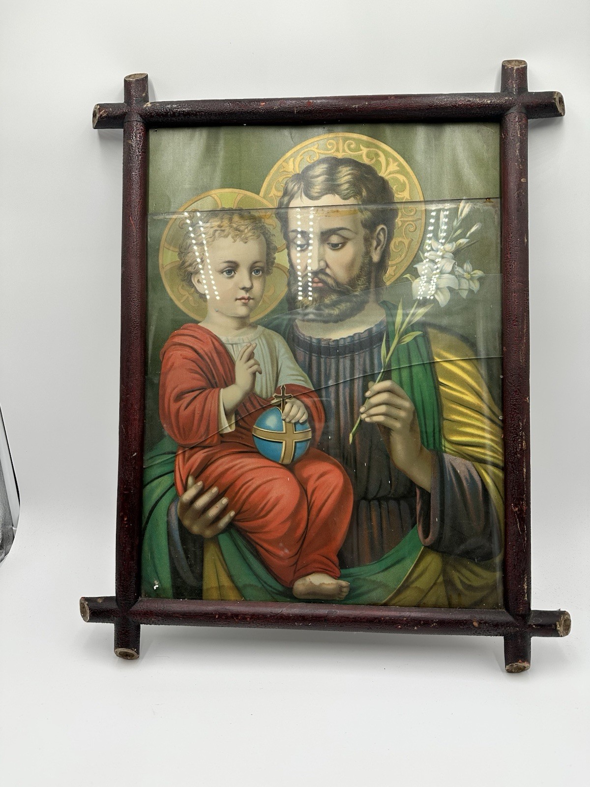 Antique Rustic Branch Style Frame Wooden Back Saint Joseph Holding Christ 1900s