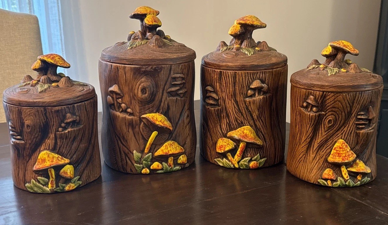 Vtg Treasure Craft Mushroom Tree Stump Toadstool Jar Canister Storage USA Set -4 Vtg Treasure Craft Mushroom Tree Stump Toadstool Jar Canister Storage USA Set -4