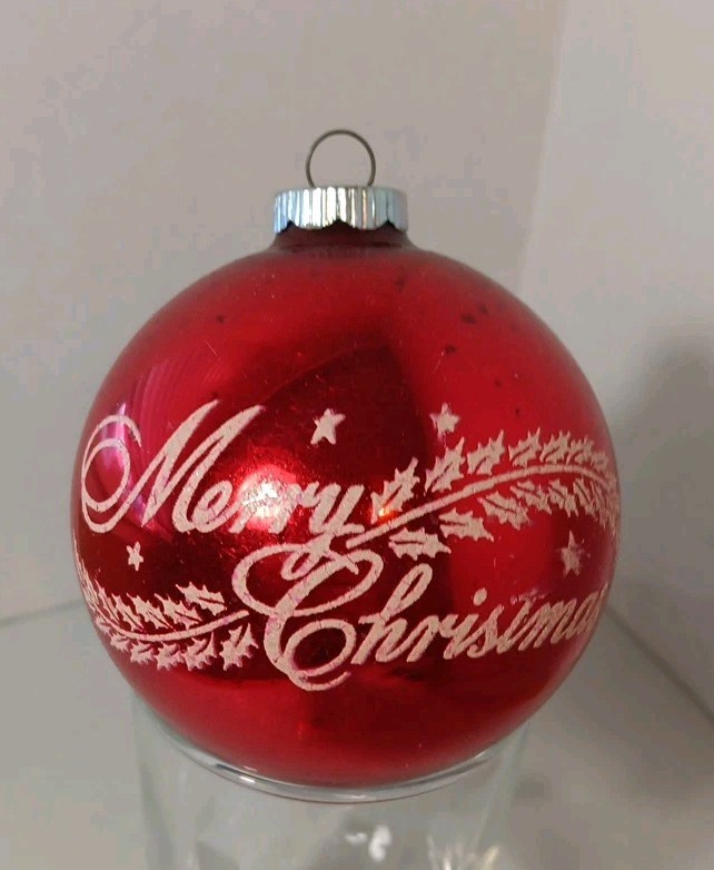 VTG Shiny Brite Large 3.25” RED  MERRY CHRISTMAS Stenciled Glass Ornament