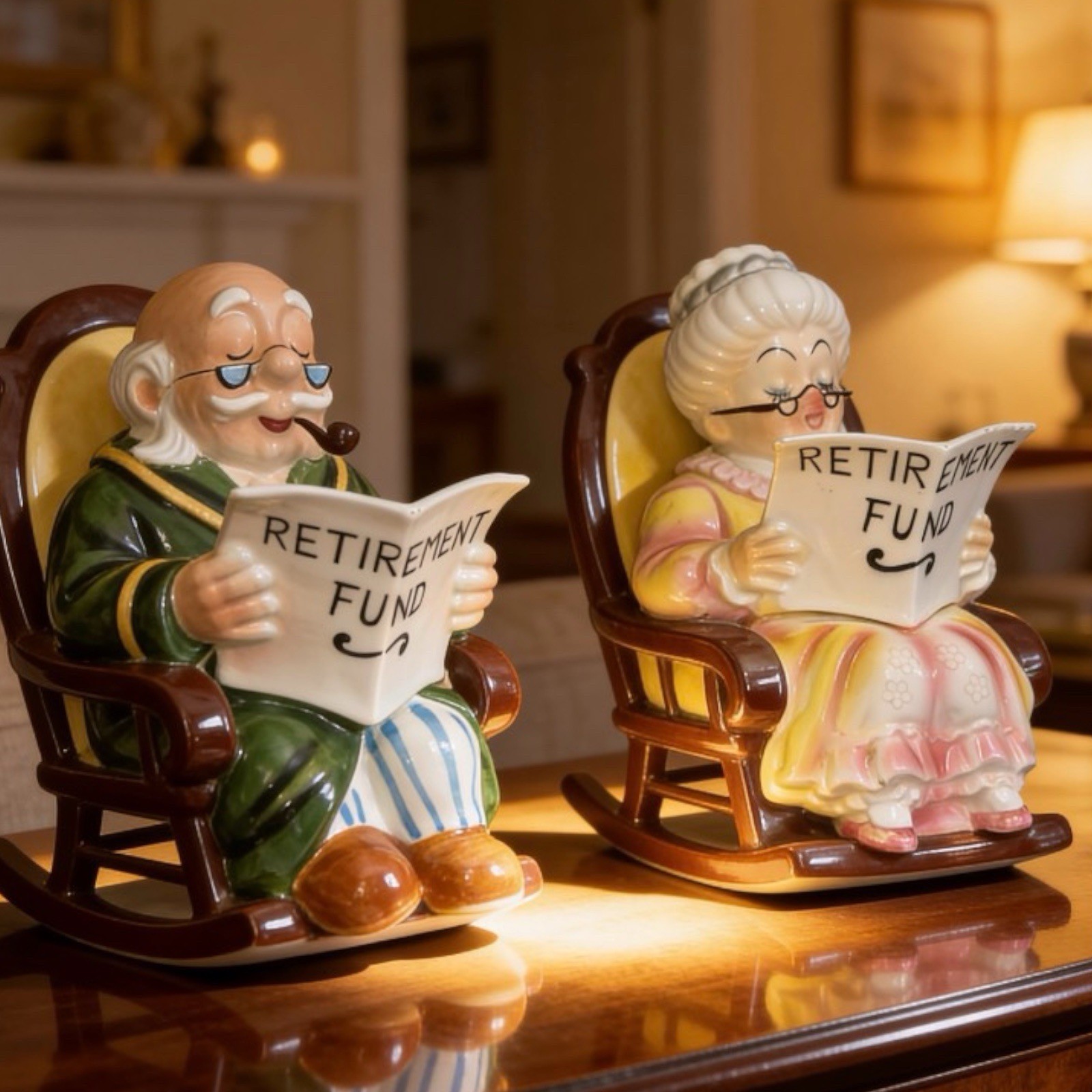 Vintage Lefton Retirement Fund Ceramic Figurines Grandpa Grandma Reading Banks