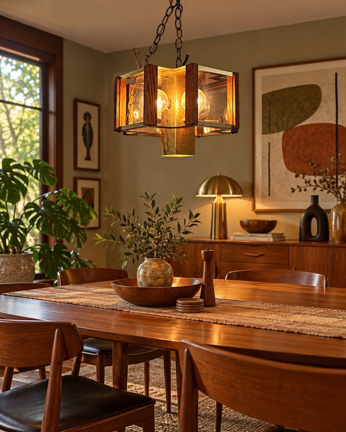 Vintage Fredrick Ramond MCM Walnut Brass Smoked Glass 5-Light 3-Way Chandelier