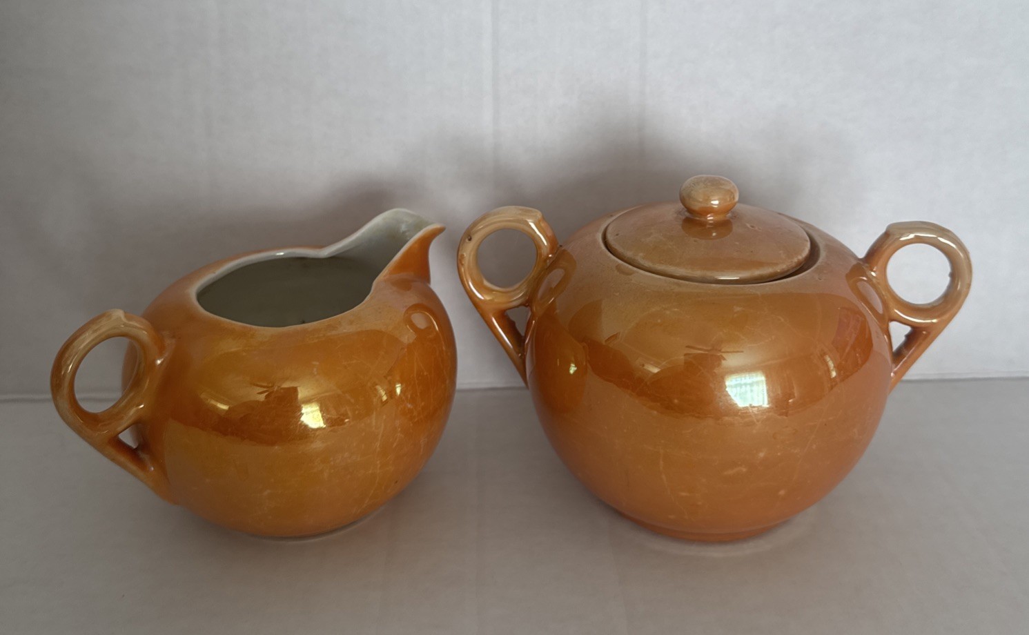 Vintage Iridescent Orange Lusterware Creamer and Sugar Bowl RS Made in Japan