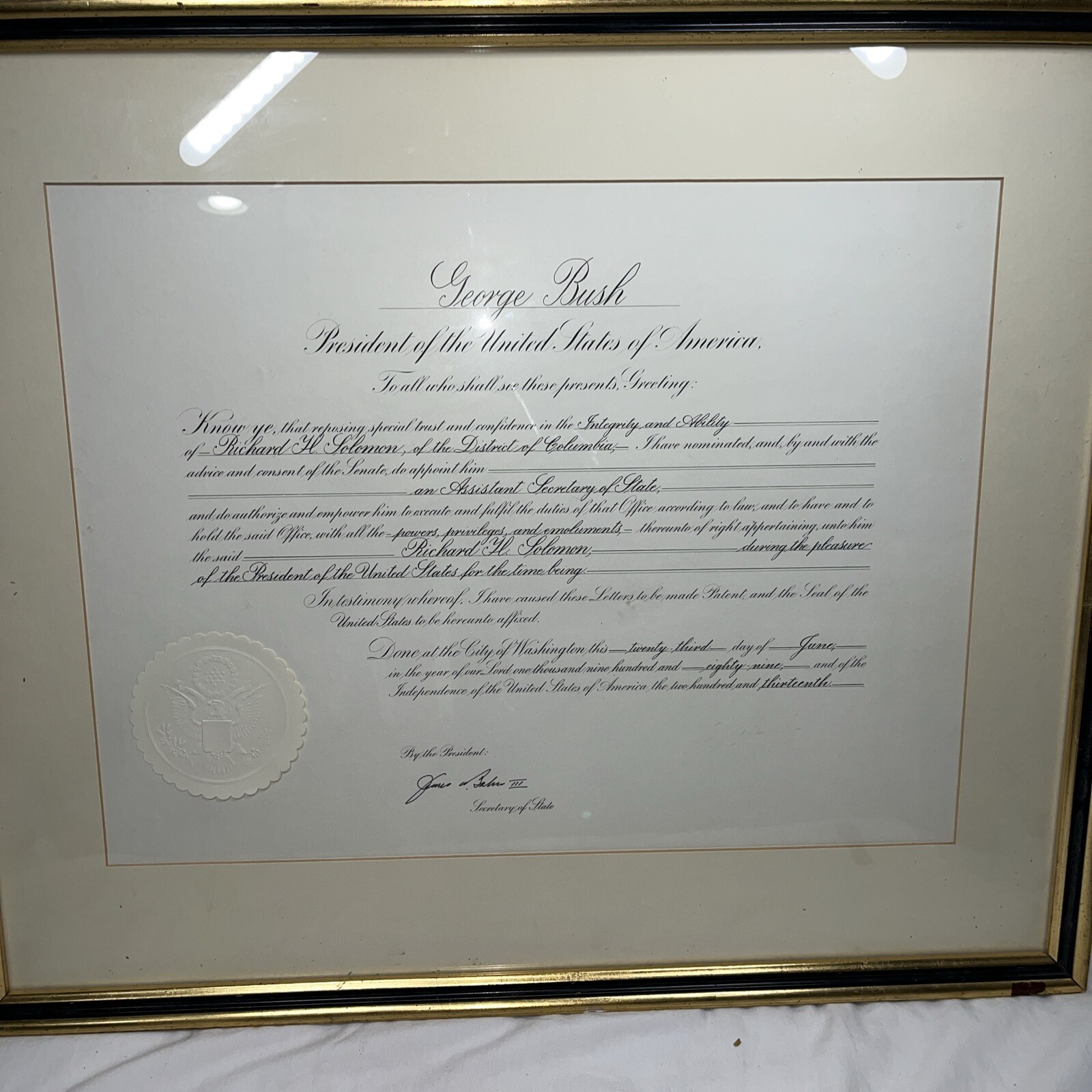 US State Dept Assistant Secretary Of State Appointment Document 1989 Signed