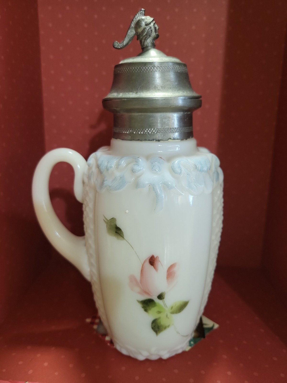 Antique Fostoria Milk Glass Syrup Bottle With Pewter Top