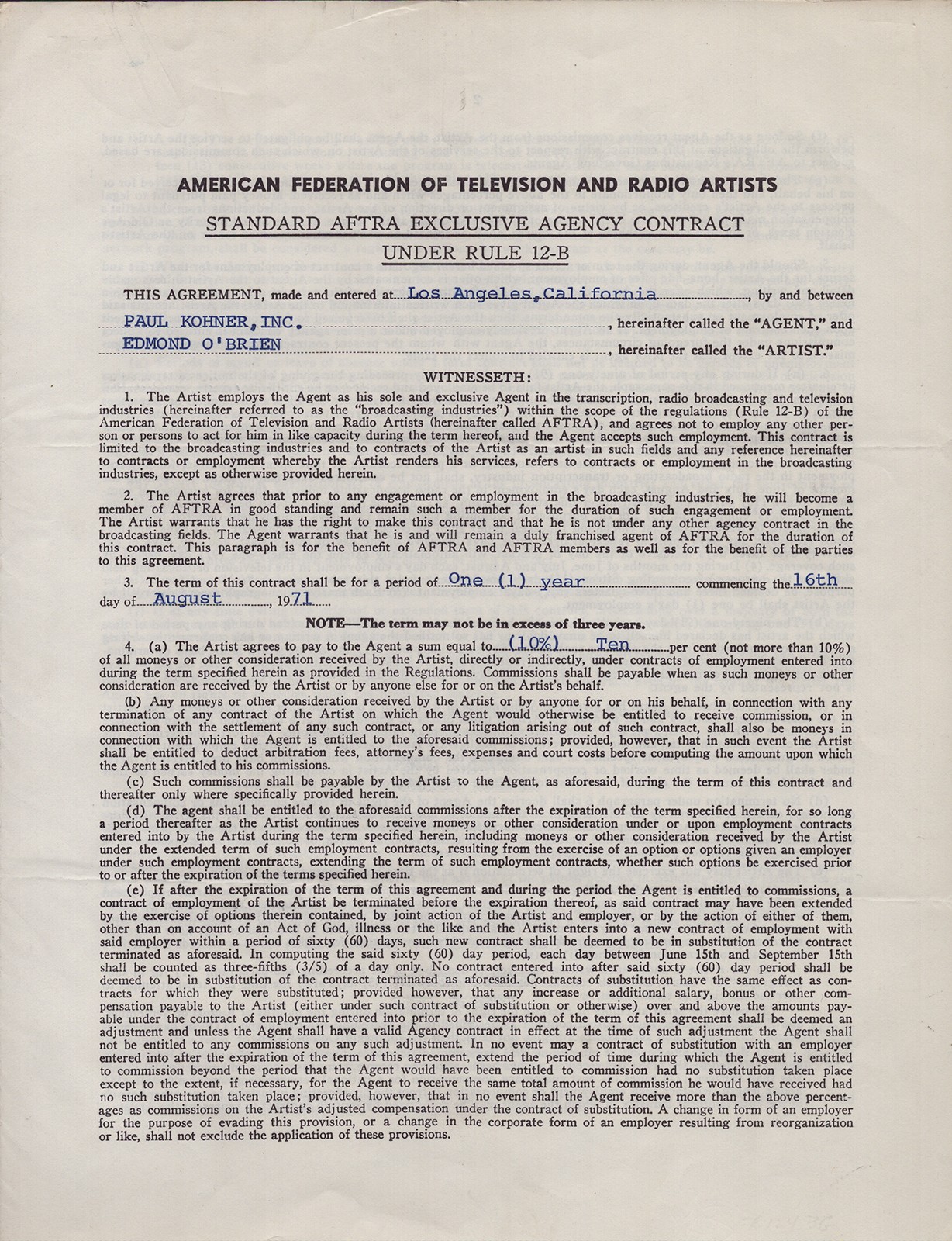 EDMOND O\'BRIEN - CONTRACT SIGNED 08/15/1971