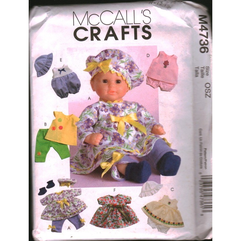 McCalls Crafts M4736 Baby Doll Clothes Sewing Pattern Dress Top Pants Hat OSZ