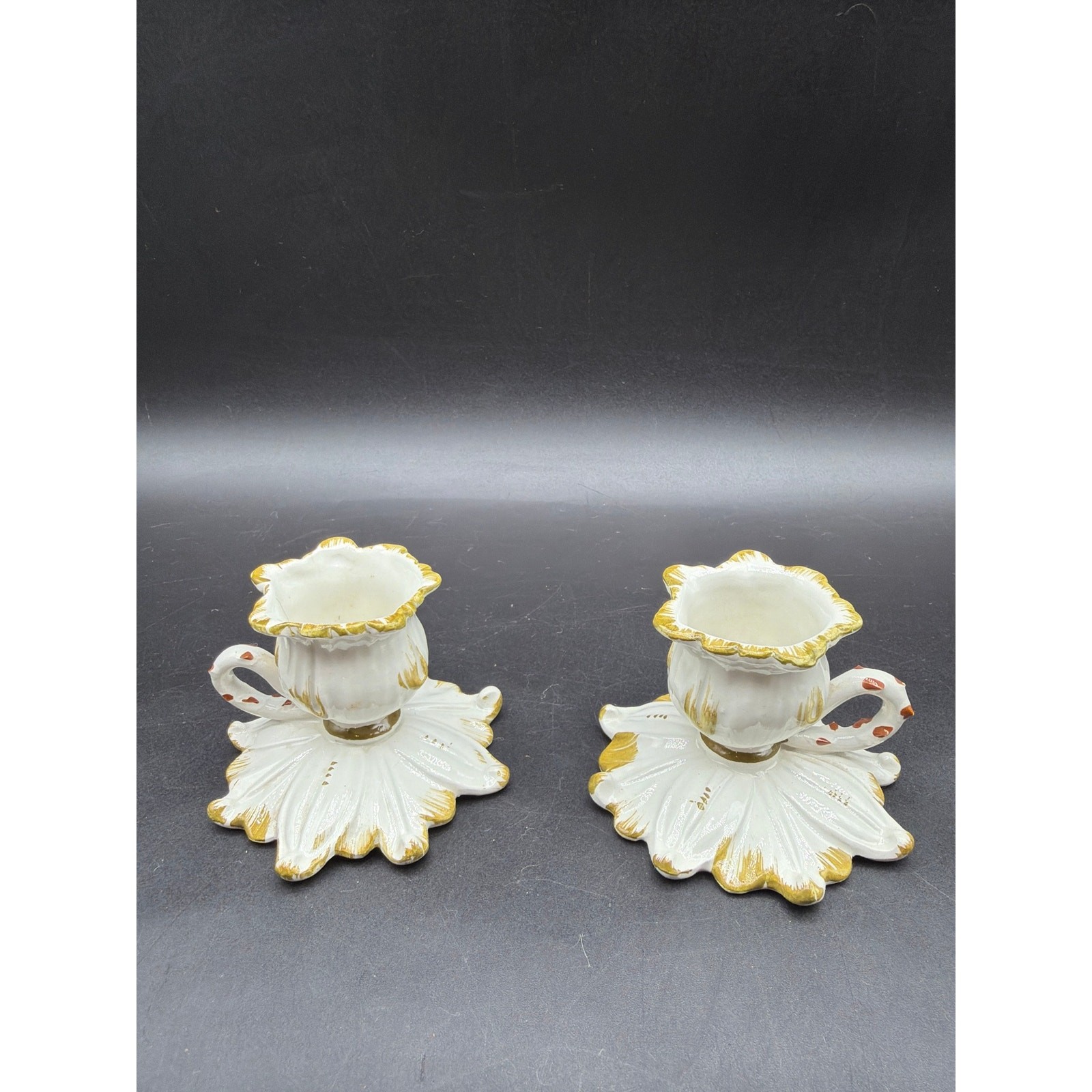 Vintage Ceramic Taper Candle Holders Pair Ivory Gold Floral Leaf Base Handles