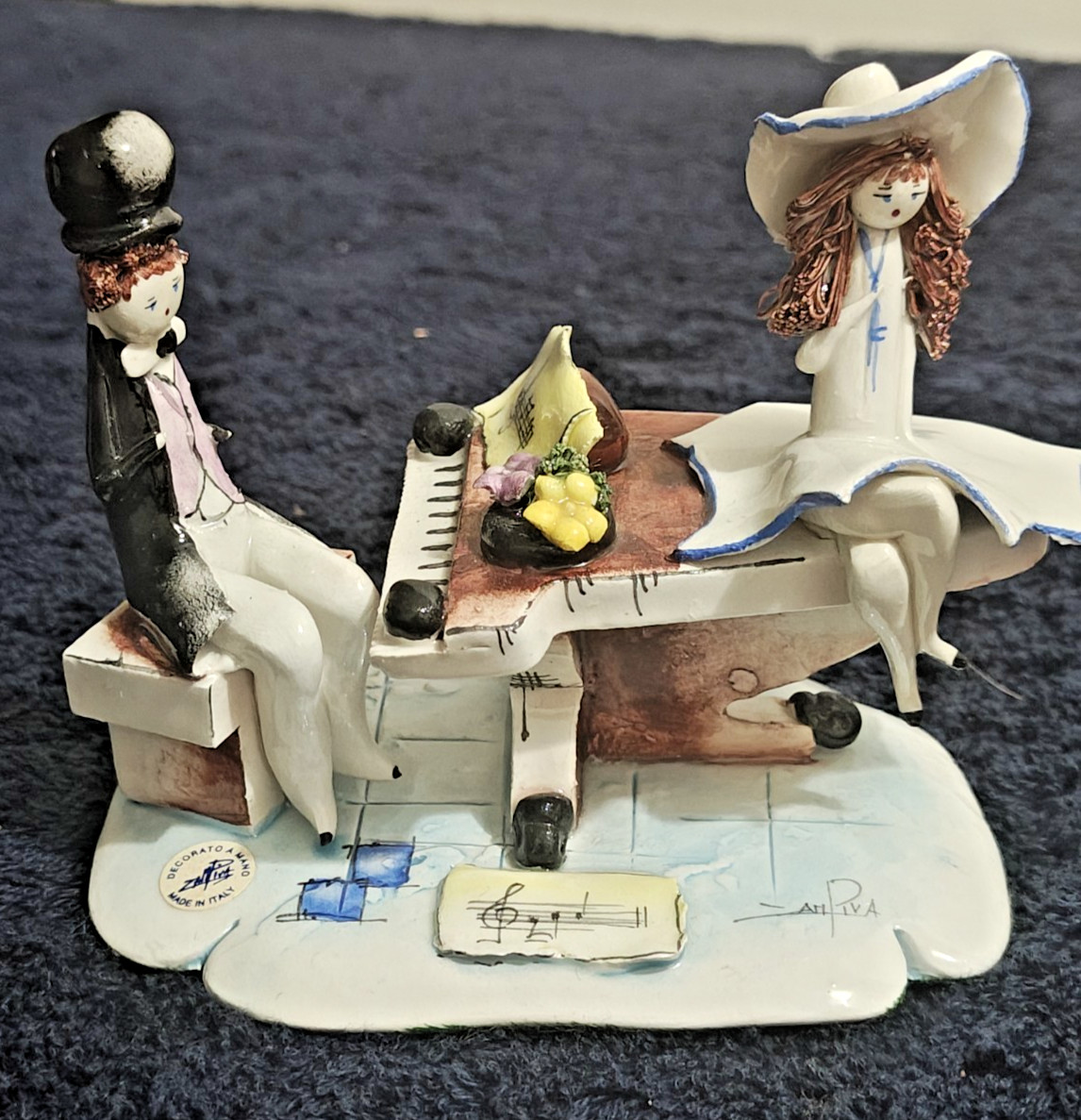 Vintage Italian Porcelain Lino Zampiva People on Piano Signed
