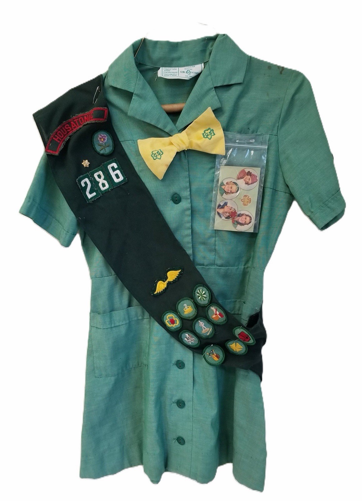VTG 1960s-70s Girl Scout of America Uniform Green Dress Sash Patches Pins