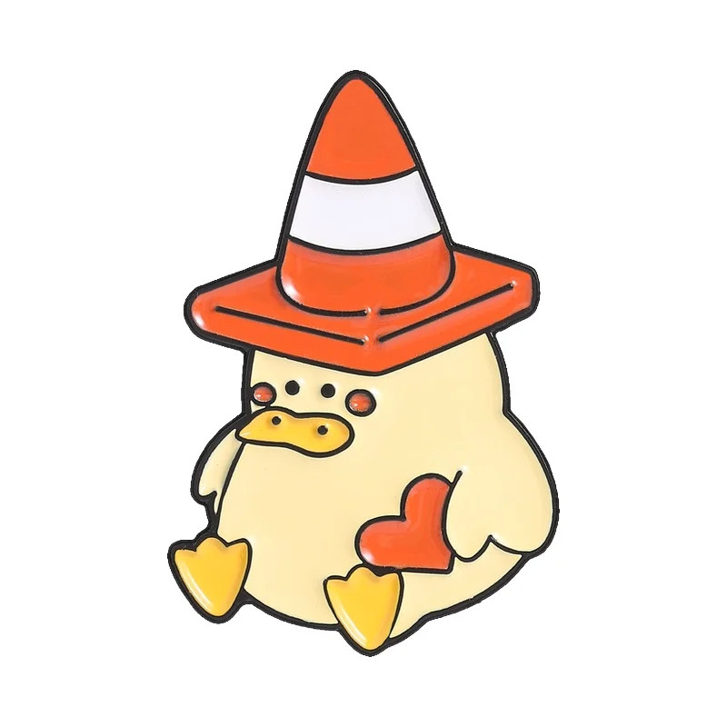 Cute Little Yellow Duck Cat Wearing Traffic Roadblock Enamel Pin Cartoon