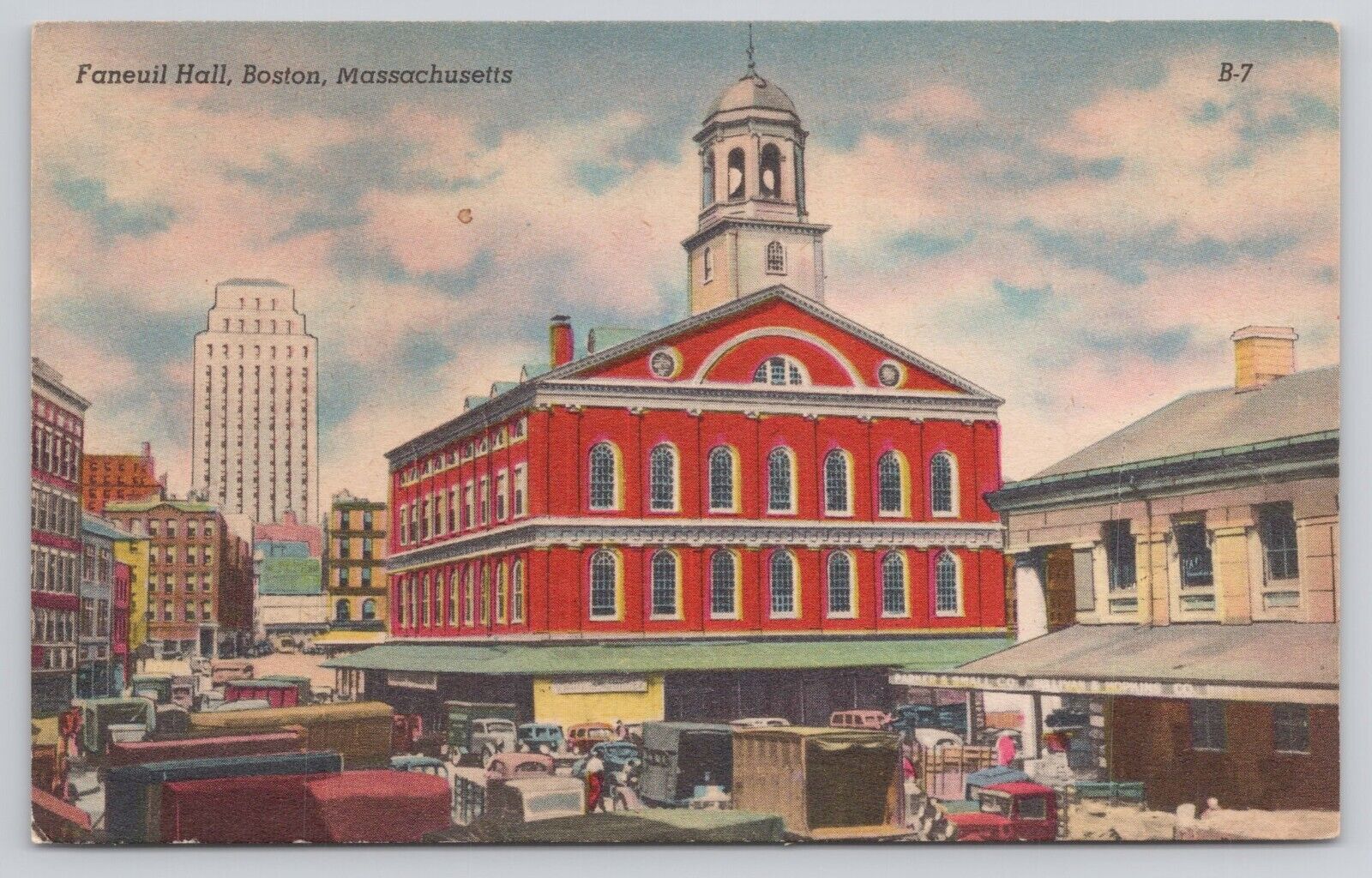 Boston Massachusetts MA Faneuil Hall Crowded Street Scene Old Cars Postcard