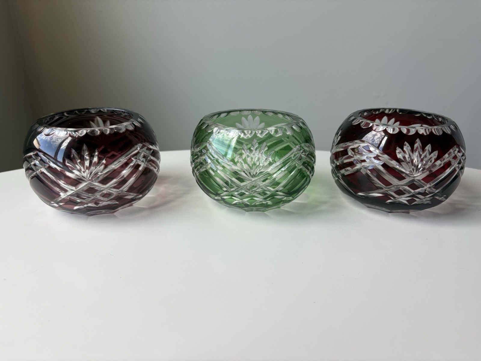 Vintage Bohemian Cut Glass Cobalt Blue Green Red Candle Holders Set Of 3