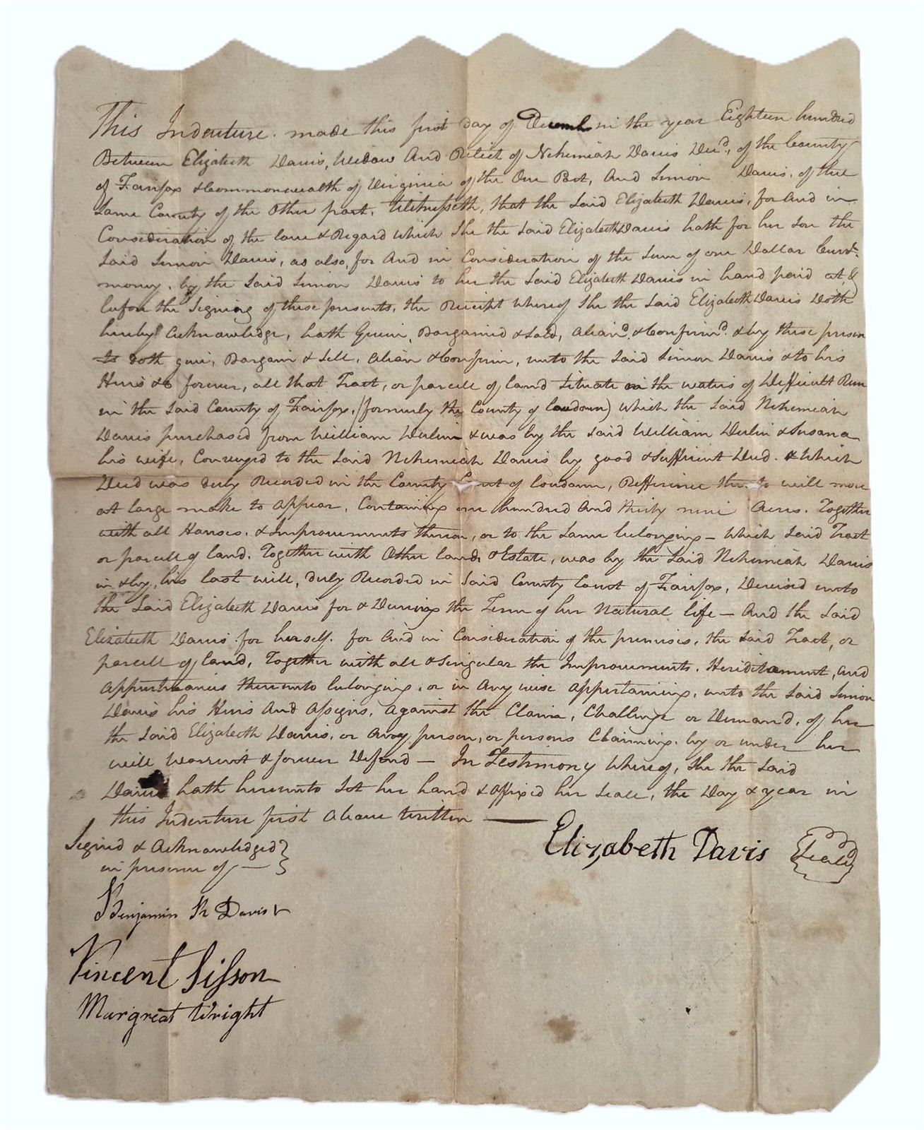 1807 antique ELIZABETH DAVIS SIMON DAVIS fairfax va LAND DEED 1801 VIRGINIA