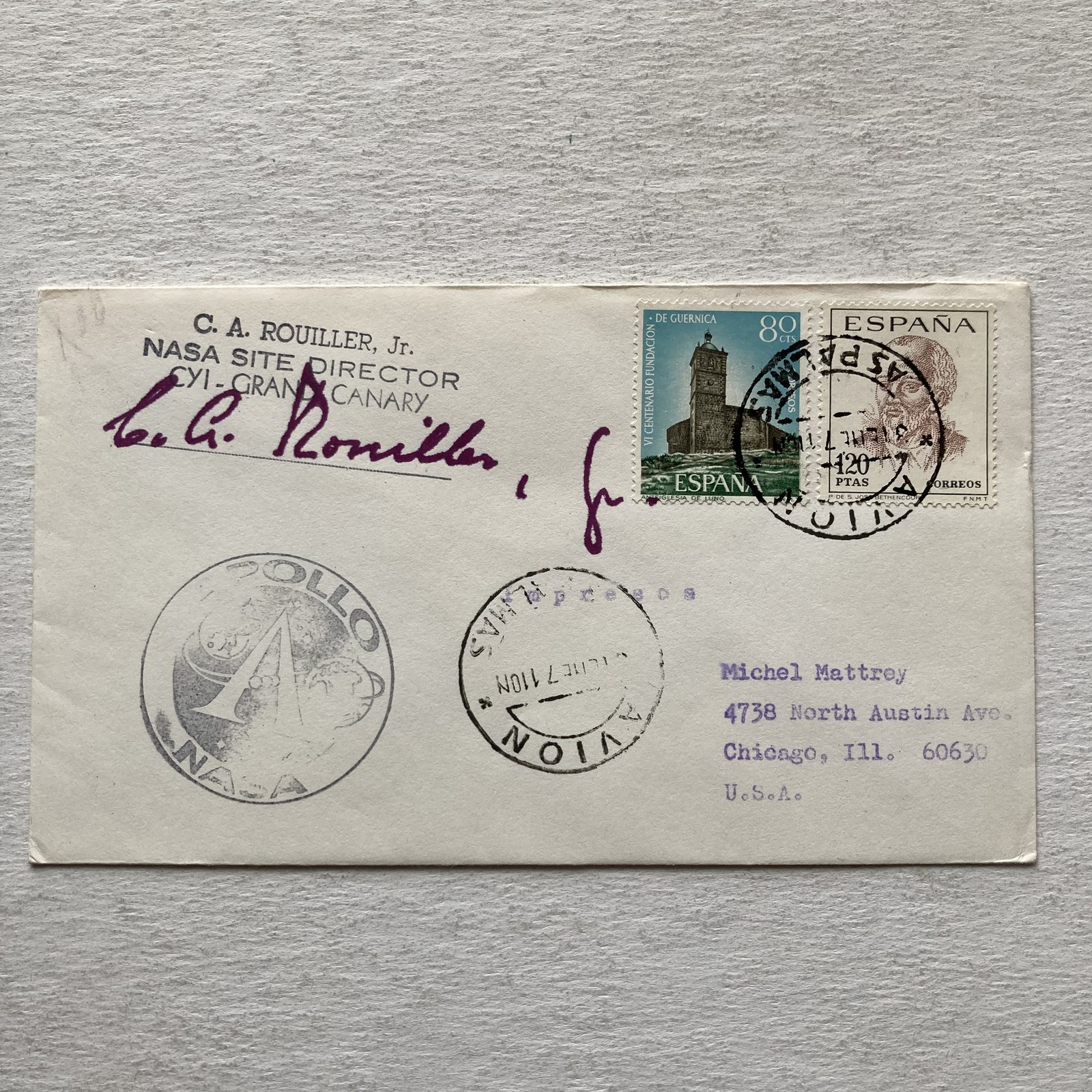 Vintage 1969 NASA Apollo Grand Canary C.A. Rouiller Signed Autograph Cover Spain