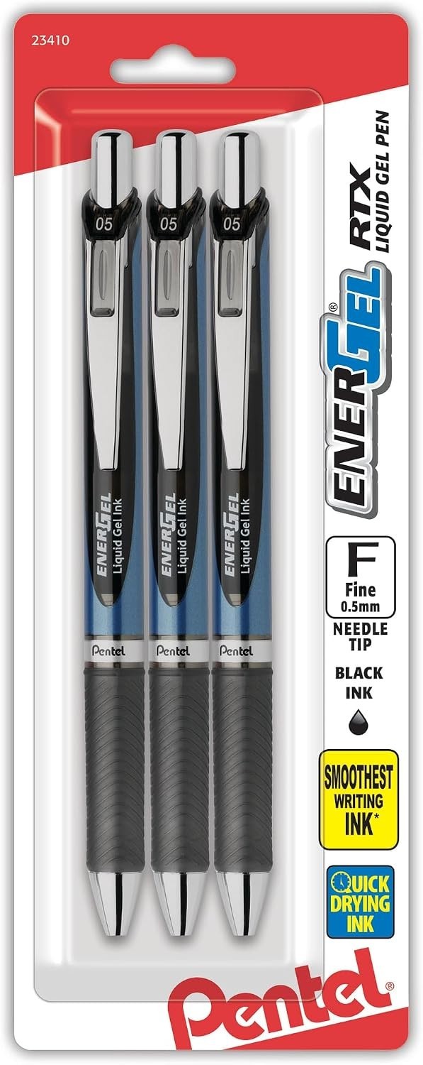 Pentel EnerGel RTX Retractable Gel Ink Pen, (0.5mm), Needle Tip, Black Ink, 3