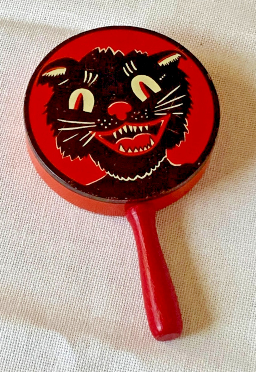 Vintage 1950’s Halloween Tin Litho Black Cat Noisemaker, Kirchhof RARE FIND Vintage 1950’s Halloween Tin Litho Black Cat Noisemaker, Kirchhof RARE FIND