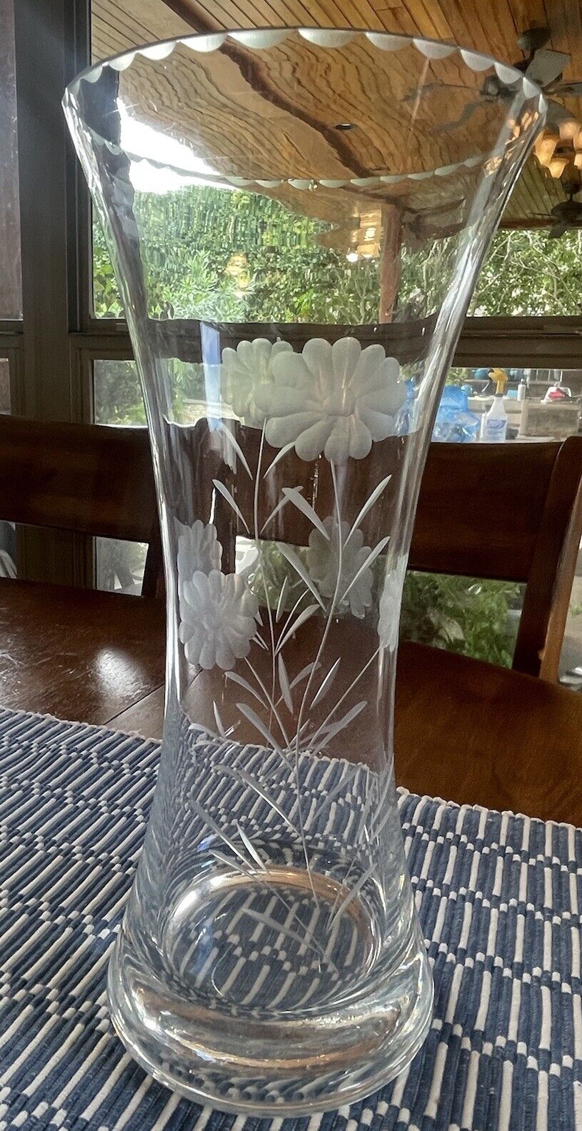 Vintage 12” Etched Glass Vase With Scalloped Edge
