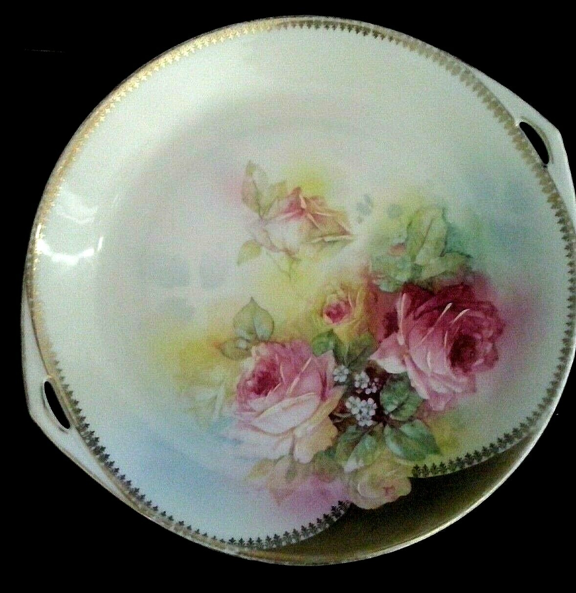 Antique Prussia Beyer & Block  ROYAL RUDOLSTADT Handled Cake Platter Pink Rose 