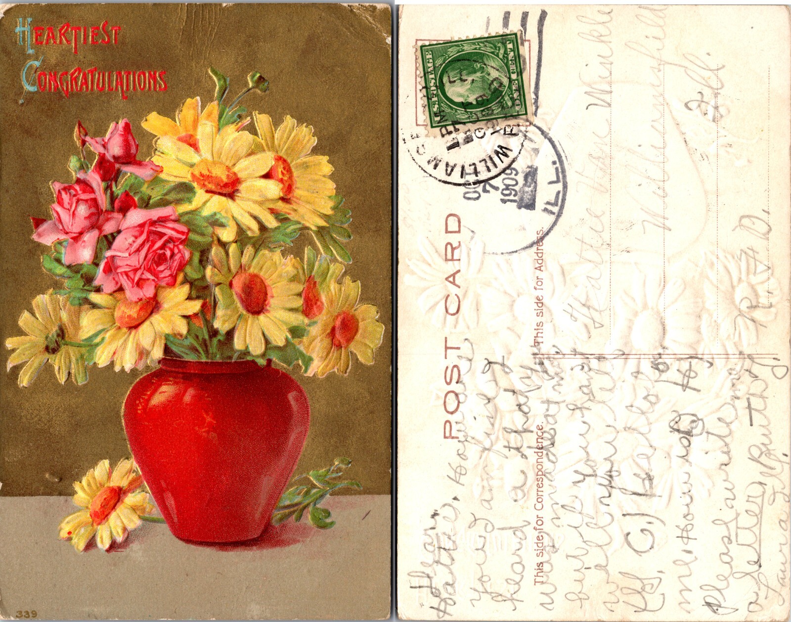 Heartiest Congratulations Red Vase Floral Bouquet Postcard