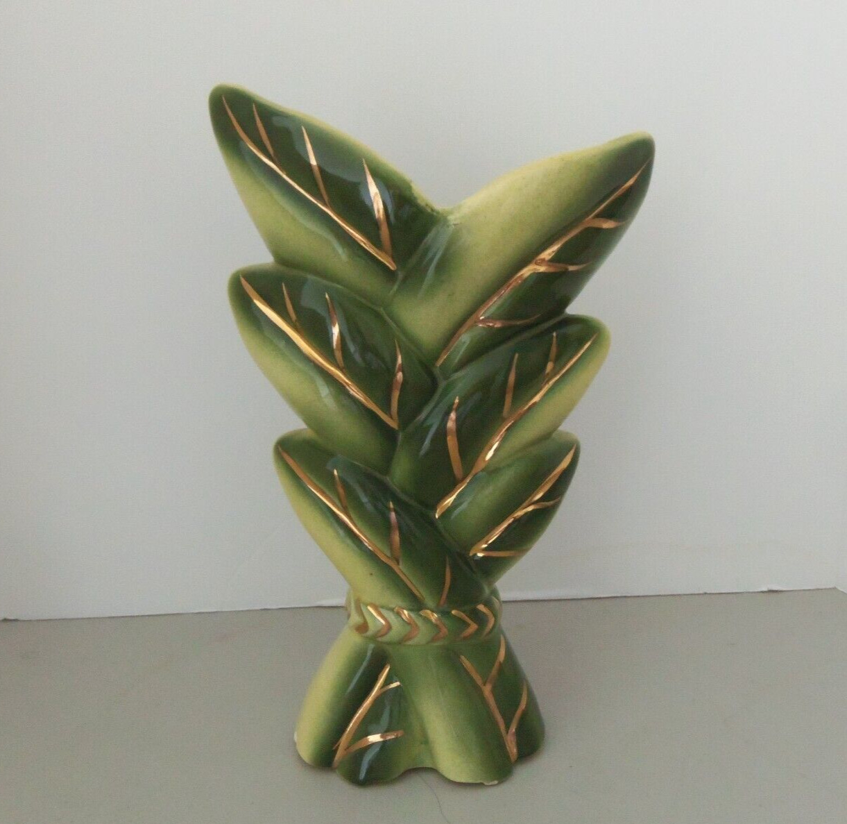 Vintage MCM Era Vase -Shades of Green w/Gold Accents -10.5\