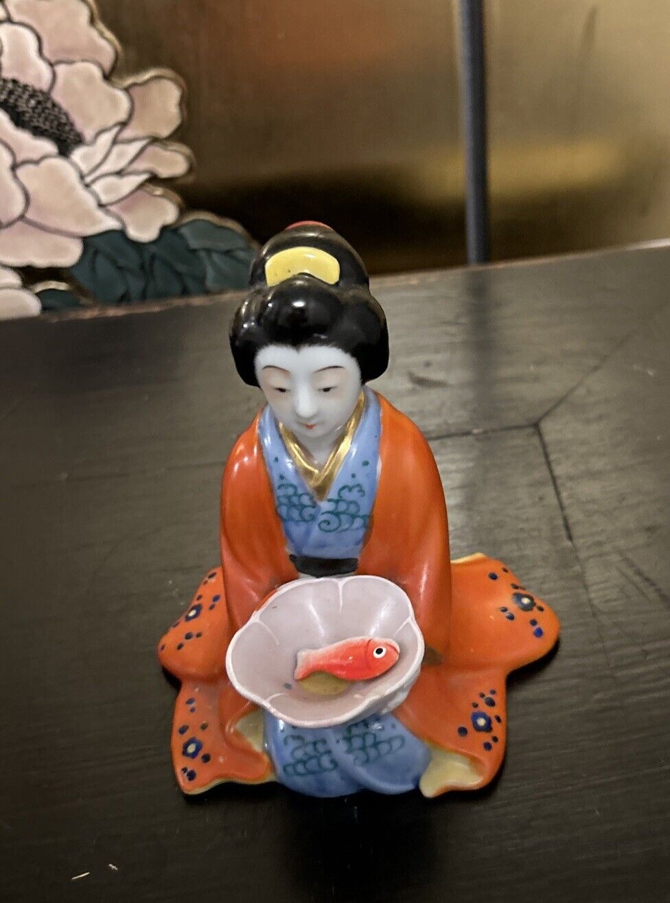 Vintage Orange Kimono Geisha Kutani Porcelain Figurine Holding a Fish in Bowl 5”