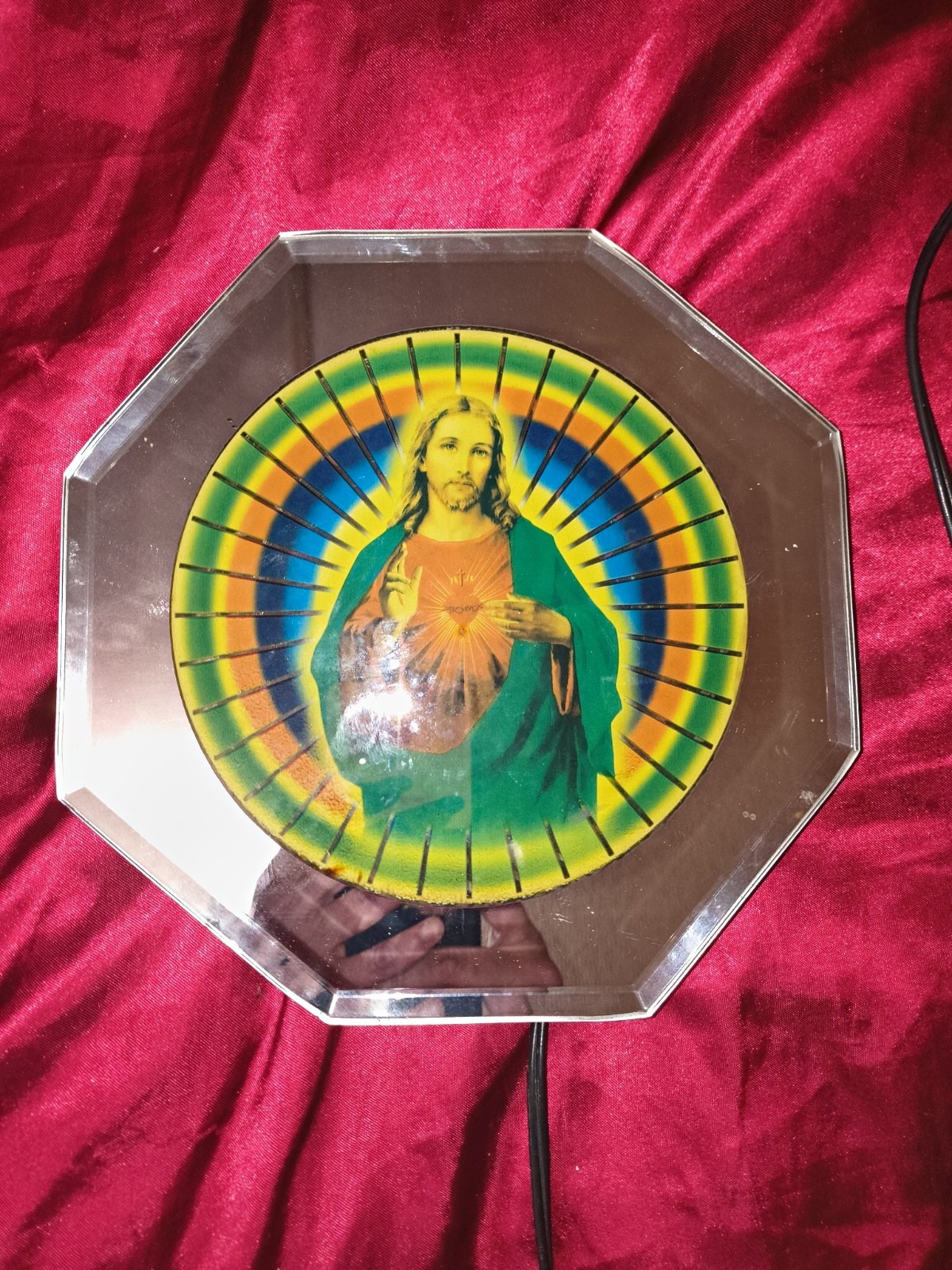 Sacred Heart of Jesus Lamp With Kalidescope Lights That Go Around 1960s