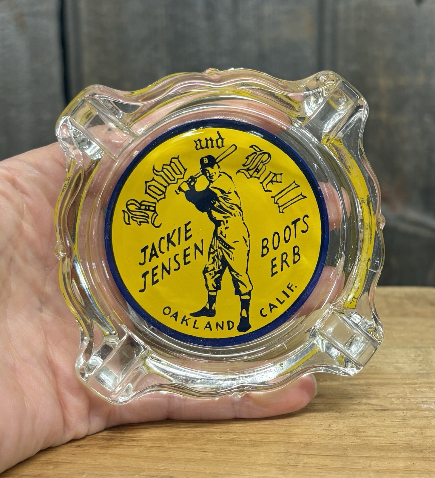Vintage 50s Bow and Bell Restaurant Advertising Glass Ashtray W/ Baseball Player
