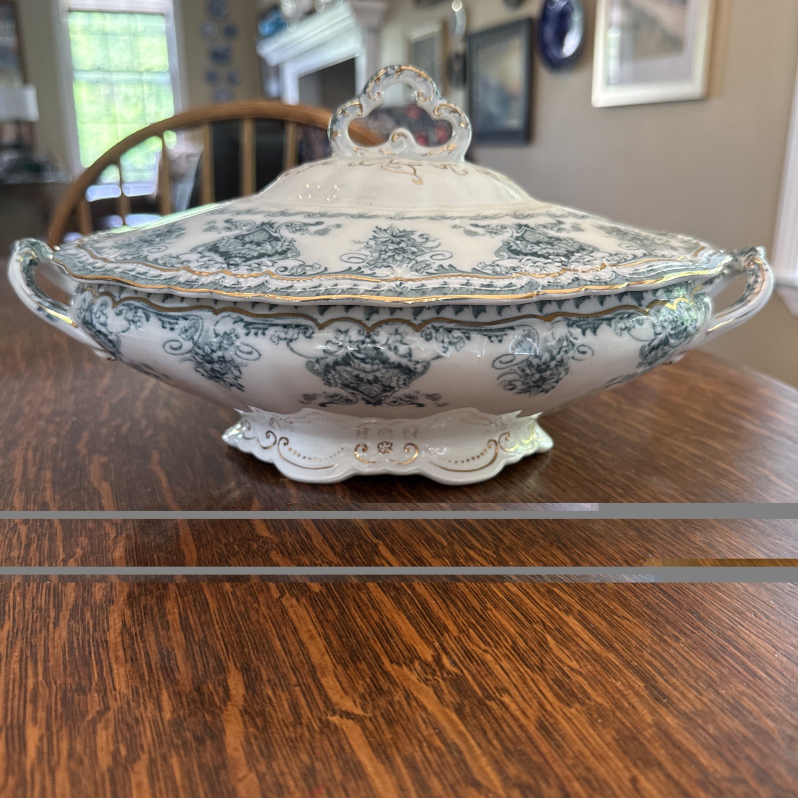 Antique Vintage John Maddock & Sons Baltic Teal & Gold Covered Dish/Tureen